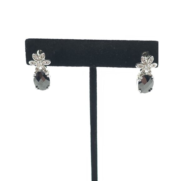 Silver Flower & Black Stone Drop Earrings With Sparkling Accents - Picture 4 of 6